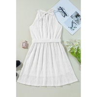 White Lace Sleeveless Knot Hollow Out Back Tied Waist Mini Dress - M thumbnail