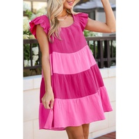 Pink Crinkled Colorblock Patchwork Flutter Tiered Mini Dress - L thumbnail