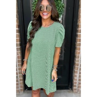 Mint Green Corded Knit Crew Neck Puff Sleeve Shift Mini Dress - L thumbnail