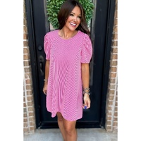 Bright Pink Corded Knit Crew Neck Puff Sleeve Shift Mini Dress - L thumbnail