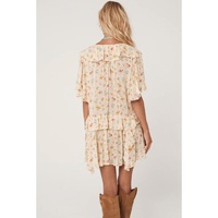 Apricot Boho Floral Tassel Tie V Neck Ruffle Wide Sleeve Mini Dress - M thumbnail