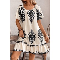 Apricot Western Print Ruffled Short Sleeve Loose Dress - L thumbnail