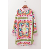 Multicolour Boho Floral Print Buttoned Long Sleeve Shirt Dress - M thumbnail