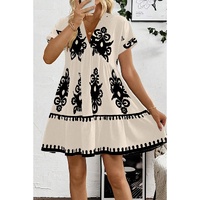 Black Vintage Print V Neck High Waist Short Sleeve Dress - S thumbnail