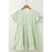 Green Stripe Textured Tiered Short Sleeve Loose Mini Dress - M thumbnail