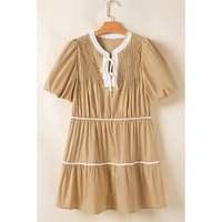 Pale Khaki Contrast Trim Pintuck Puff Sleeve Tied Neck Short Dress - L thumbnail
