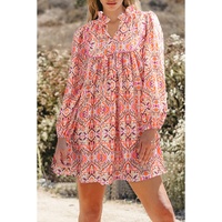 Khaki Abstract Printed Long Sleeve Tied Neckline Mini Dress - L thumbnail