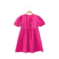 Bright Pink Solid Color Puff Sleeve Tie Front High Waist Mini Dress - L thumbnail