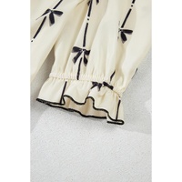 Beige Cute Bowknot Printed Bubble Sleeve V Neck Mini Dress - L thumbnail