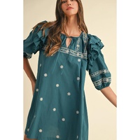 Skobeloff Boho Floral Ruffle Puff Sleeve Lace-up V Neck Mini Dress - M thumbnail