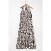Brown Leopard Printed Halter Neck Backless Ruffled Hem Maxi Dress - L thumbnail
