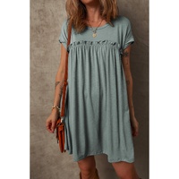 Mist Green Frilled Gathered Seam Round Neck T Shirt Dress - M thumbnail