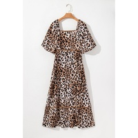 Brown Leopard Print Bubble Sleeve Square Neck Maxi Dress - L thumbnail
