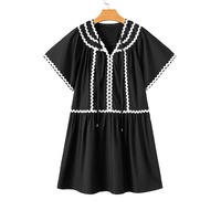 Black Contrast Ricrac Trim Short Sleeve V Neck Loose Mini Dress - L thumbnail