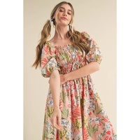 Apricot Pink Floral Smocked Bust Bubble Short Sleeve Maxi Dress - L thumbnail