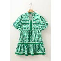 Bright Green Abstract Patterned V Neck Puff Short Sleeve Mini Dress - M thumbnail