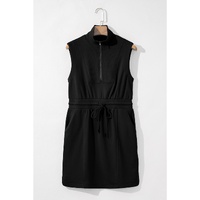 Black French Terry Zipped Collar Sleeveless Drawstring Waist Mini Dress - M thumbnail