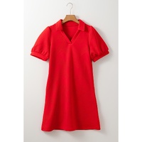 Fiery Red Textured Collared V Neck Puff Short Sleeve Shift Mini Dress - S thumbnail