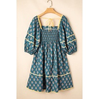 Skobeloff Floral Contrast Trim Square Neck Puff Sleeve Dress - L thumbnail