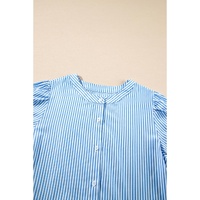 Sky Blue Stripe Bubble Short Sleeve Tiered Scallop Long Dress - L thumbnail