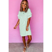 Green Stripe Ruffled Short Sleeve Crew Neck T Shirt Shift Mini Dress - XL thumbnail