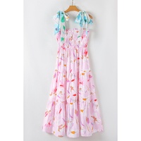 Pink Floral Print Knotted Shoulder Smocked Maxi Dress - L thumbnail