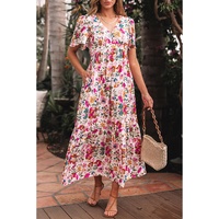 Red Floral Short Sleeve V Neck High Waist Maxi Dress - L thumbnail
