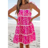 Pink Floral Print Ric Rac Patched Sleeveless Mini Dress - L thumbnail