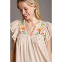 Jet Stream Linen Embroidery Split Neck Pom Pom Ruffle Sleeves Flowy Short Dress - L thumbnail