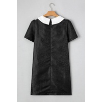 Black Floral Embossed Puff Sleeve Colorblock Bow Collared Mini Dress - L thumbnail