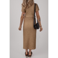 Buckskin Short Sleeve Textured Button Up Tie Waist Long Dress - L thumbnail