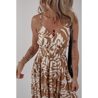 Khaki Floral Shirred High Waist Spaghetti Straps Maxi Dress - L thumbnail