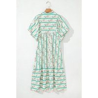 Multicolour Striped Floral Print Tie Split Neck Puff Sleeve Midi Dress - L thumbnail