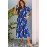 Sky Blue Floral Puff Short Sleeve V Neck High Waist Maxi Dress - L thumbnail