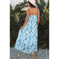 Green Floral Print Ruffled Side Slit Tube Top Maxi Dress - L thumbnail