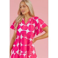 Rose Polka Dot Flutter Sleeve Notched Neck Tiered Flowy Dress - M thumbnail