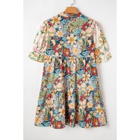 Multicolour Boho Floral Print Crochet Patchwork V Neck Loose Mini Dress - XL thumbnail