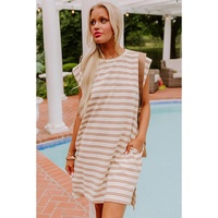 Khaki Stripe Round Neck Sleeveless Casual Pocketed Mini Dress - L thumbnail