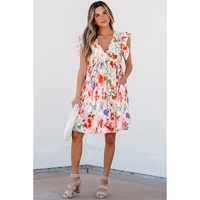 Pink Floral Double Ruffle Sleeve V Neck High Waist Mini Dress - L thumbnail