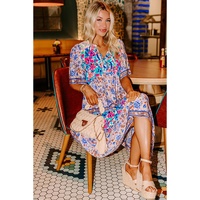 Sky Blue Mixed Floral Print Tie Split Neck Short Sleeve Dress - L thumbnail