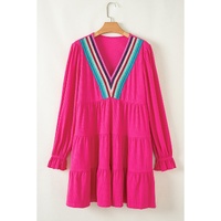 Rose Red Colorful Crochet V Neck Textured Tiered Ruffled Long Sleeve Mini Dress - L thumbnail