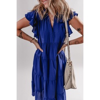 Bluing Ruffled Short Sleeve Collared V Neck Tiered Midi Dress - M thumbnail