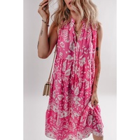 Rose Floral Sleeveless Tasseled Lace-up Neck Tiered Midi Dress - XL thumbnail