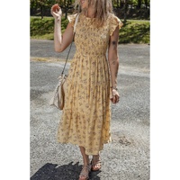 Yellow Boho Floral Print Ruffle Smocked Flowy Summer Dress - L thumbnail