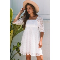 White Floral Lace Puff Sleeve Empire Waist Mini Dress - S thumbnail