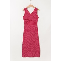 Red Stripe Criss Cross Side Slits Slim Fit Sleeveless Midi Dress - L thumbnail