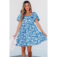 Blue Floral Puff Sleeve Babydoll Mini Dress - S thumbnail