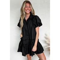 Black Shirt Style Button Down Puff Sleeve Ruffle Hem Dress - M thumbnail