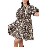 Multicolour Leopard Tie Front Puff Sleeve Short Flared Dress - L thumbnail