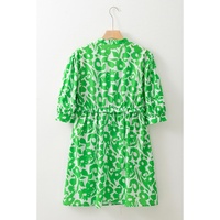 Green Floral Print Puff Half Sleeve V Neck Babydoll Dress - L thumbnail